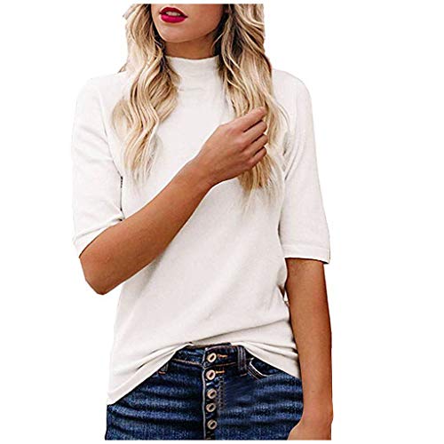 COOKI Women Shirts Turtleneck Short Sleeve Cotton Blouse T Shirt Casual Loose Tunic Tops
