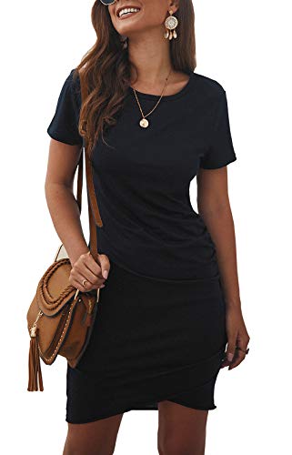 BTFBM Women's 2019 Casual Crew Neck Ruched Stretchy Bodycon T Shirt Short Mini Dress