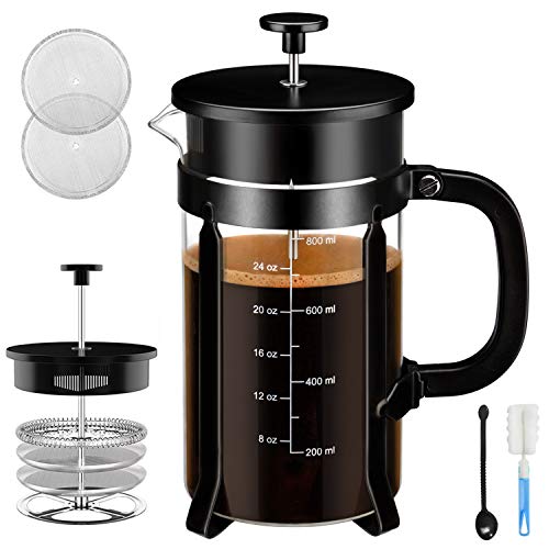 Chrider French Press Coffee Maker (32 oz 8 Cups) Coffee Press with 304 Stainless Steel Stand and 4 Filter Screens, Precise Scale Easy to Clean Durable Heat Resistant Borosilicate Glass - Black