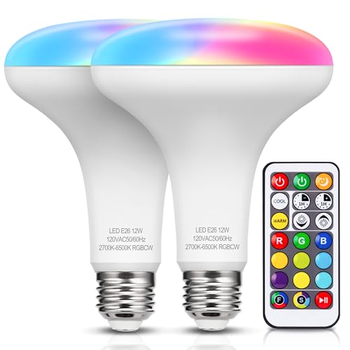 JandCase BR30 RGB LED Flood Lights, 100W Equivalent Warm+Cool White Light Bulb, 12W Dimmable Recessed Lighting, 1050lm, Remote Control, Color Changing Lights for Ceiling, Stage, E26 Base, 2 Pack