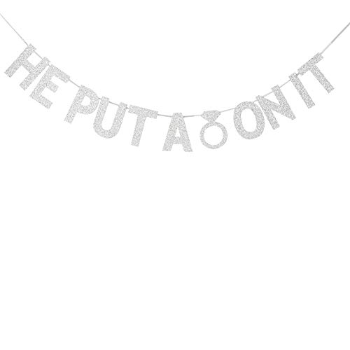 Silver Glitter He Put A Ring On It Banner, Bunting Garland Photo Booth Props for Wedding, Engagement, Bachelorette, Bridal Shower Party Decorations
