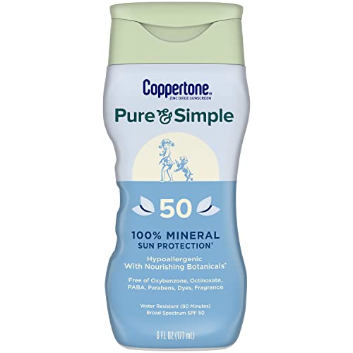 Book Cover Coppertone Pure and Simple Zinc Oxide Mineral Sunscreen Lotion SPF 50, Body Sunscreen, Water Resistant, Broad Spectrum SPF 50 Sunscreen for Sensitive Skin, 6 Fl Oz Bottle