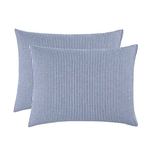 Book Cover Wake In Cloud - Pack of 2 Pillow Cases, 100% Washed Cotton Pillowcases, White Striped Ticking Pattern on Navy Blue (King Size, 20x36 Inches)