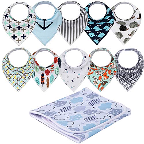 Bandana Bibs for Boys and Burp Cloth Set - 10 Pack Organic Cotton - Soft Absorbent Drool Bibs - Baby Shower Gift - Newborn and Toddler by CuddleStreet