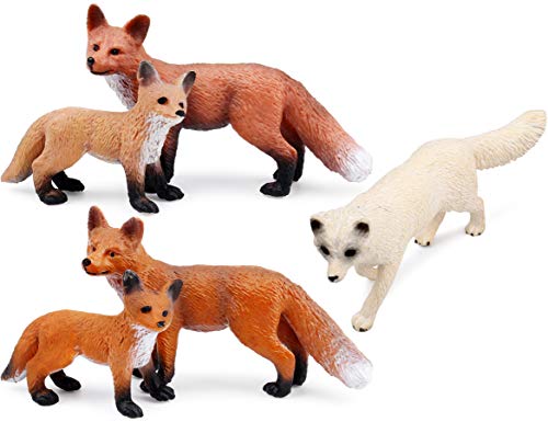 UANDME Fox Toy Figures Set Includes Arctic Fox & Red Foxes Figurines Cake Toppers (5 Foxes)