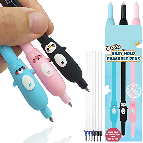 Erasable & Cute Kawaii Pens - 3 Pack with 6 Refills - Big Pen Grips - Kawaii Stationary Kids School Supplies - 3 Pack