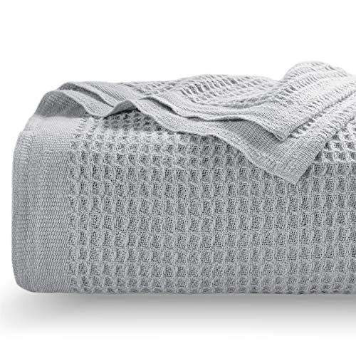 Book Cover Bedsure 100% Cotton Thermal Blanket - 405GSM Premium Breathable Blanket in Waffle Weave for Home Decoration - Perfect for Layering Any Bed for All-Season - Queen Size (90 x 90 inches), Grey