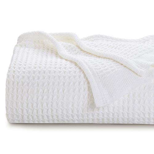 Book Cover Bedsure 100% Cotton Thermal Blanket - 405GSM Soft Blanket in Waffle Weave for Home Decoration - Perfect for Layering Any Bed for All-Season - Queen Size (90 x 90 inches), White