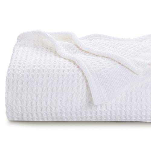 Book Cover Bedsure 100% Cotton Thermal Blanket - 405GSM Soft Blanket in Waffle Weave for Home Decoration - Perfect for Layering Any Bed for All-Season - King Size (104 x 90 inches), White