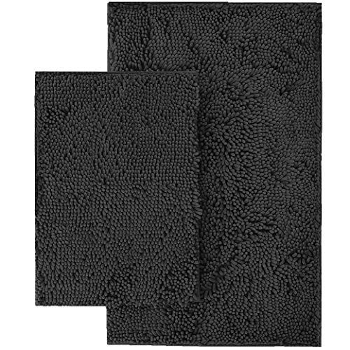 LuxUrux Bathroom Rug Setâ€“Extra-Soft Plush Bath mat Shower Bathroom Rugs,1'' Chenille Microfiber Material, Super Absorbent (Rectangular Set, Black)