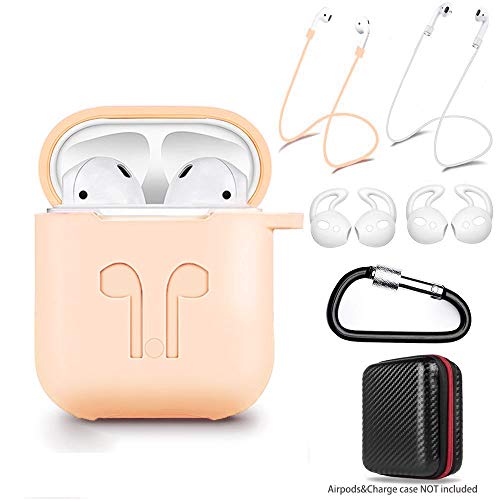 Book Cover DZANHOT AirPods Case 7 in 1 Airpods Accessories Kits Protective Silicone Cover and Skin for Airpods Charging Case with Ear Hook Airpods Staps/Skin/Tips/Keychain Shallow Walnut