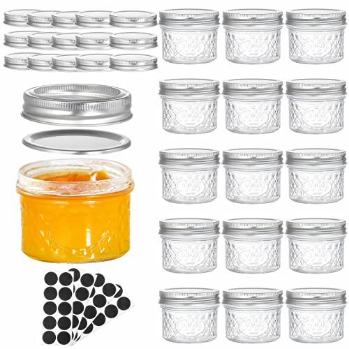 Tebery 16 Pack Mason Jars Canning Jars, 4 OZ Jelly Jars With Regular Lids and Bands, Extra 16 Lids 40 Chalkboard Labels Included