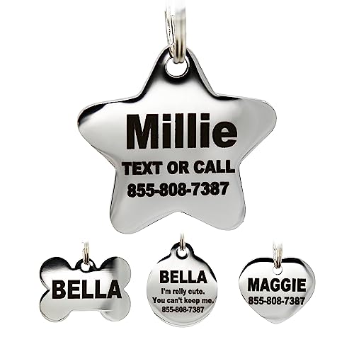 Stainless Steel Pet ID Tags - Engraved Personalized Dog Tags, Cat Tags Front & Back up to 8 Lines of Text – Bone, Round, Heart, Flower, Badge, House, Star, Rectangle, Bow Tie