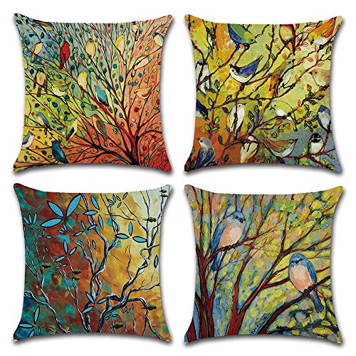Book Cover DUSEN Decorative Cotton Linen Set of 4 Throw Pillow Cushion Covers 18 x 18 inch for Sofa, Bench, Bed, Auto Seat (Oil Painting Vivid Birds and Trees Branch Pattern)
