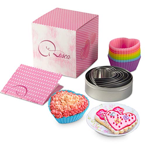 Heart Cookie Cutter & Heart Silicone Cupcake Mold - 6pc Heart Shaped Metal Cookie Cutters Pancake | 12pc Silicone Heart Baking Molds - Food Grade | Valentines Cupcake Liners And Ring Set - Recipe Book