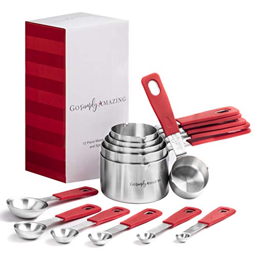 Go Simply Amazing Measuring Cups and Spoons Set â€“ Perfect Measures For Liquid and Dry Ingredients Makes Cooking and Baking Simple - Red 12 Piece Stackable Set