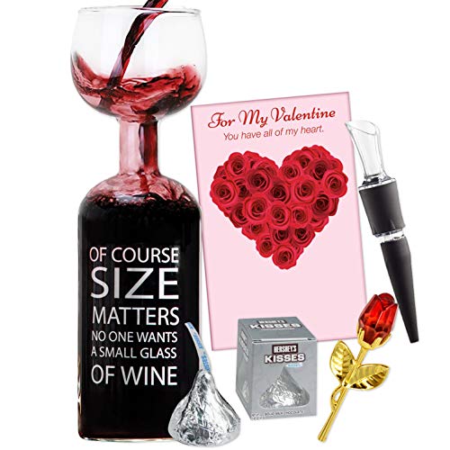 Valentine Gift Set for Wine Lovers, 5 Piece Bundle Includes Wine Aerator, Ultimate Giant Wine Bottle Glass, Pretty 3" Crystal Gold Rose, Hershey Kiss & Love Greeting card for Girlfriend Boyfriend Wife