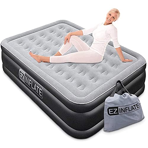 Book Cover EZ INFLATE Luxury Double High Queen Air Mattress with Built in Pump, Queen Size, Inflatable Mattress for Home Camping Travel, Luxury Blow up Bed