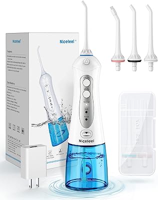 Book Cover Cordless Water Flosser Teeth Cleaner, Nicefeel 300ML 2 Tip Cases Portable and USB Rechargeable Oral Irrigator for Travel, IPX7 Waterproof, 3-Mode Water Flossing with 4 Jet Tips for Home