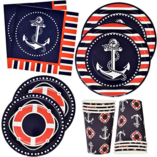Nautical Anchor Party Supplies Set 24 9" Plates 24 7" Plate 24 9 Oz Cups 50 Luncheon Napkins Sailor Boat Ship Theme Navy Red White Striped Birthday Baby Shower Disposable Tableware Decor Gift Boutique