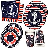 Gift Boutique 96 Pcs Nautical Anchor Party Supplies Paper Plate Cup Napkin for Sailor Boat Ship Navy Red White Striped Birthday Disposable Dinnerware Serves 24