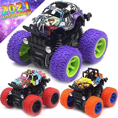 Book Cover Monster Trucks Toys for Boys - Friction Powered 3-Pack Mini Push and Go Car Truck Jam Playset for Boys Girls Toddler Aged 2 3 4 5 Year Old Gifts for Kids Birthday (Purple, Red, Orange, 3-Packc)
