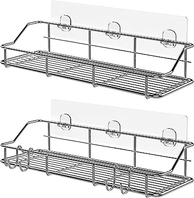 KESOL Adhesive Shower Caddy Shower Shelf Organizer for Bathroom Organization with Hooks, SUS304 Stainless Steel, 2 Pack (Silver)