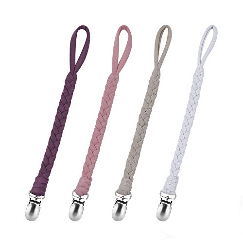 Book Cover Pacifier Clip,SUGEE Universal Braided Pacifier Holder Leash Teething Ring Holders for Boys and Girls,Soothie by Hand-Made Braided 4pack Purple
