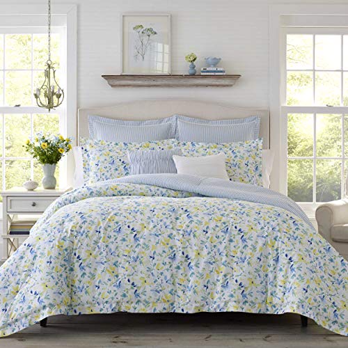Book Cover Laura Ashley | Nora Collection | Comforter Set-Ultra Soft All Season Bedding, Stylish Delicate Design Bedspread With Matching, Euro Sham(s), and Throw Pillows, Full/Queen, Bright Blue