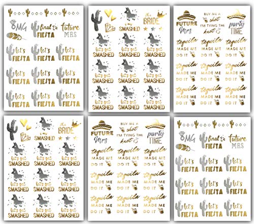 Bachelorettesy Bride to Be Gold Metallic Temporary Tattoos 100+ Designs Fiesta, Cactus, Diamonds, Pinata for Engagement & Bachelorette Party - Waterproof Nontoxic Lasting