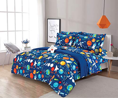 Book Cover 6 Piece Twin Size Kids Boys Teens Comforter Set Bed in Bag with Shams, Sheet Set and Decorative Toy Pillow, Space Planets Rockets Blue Print Blue Multicolor Boys Kids Comforter Bedding Set w/Sheets
