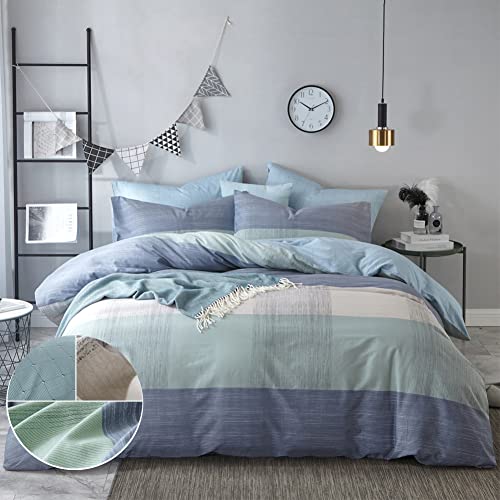 Book Cover mixinni Geometric Duvet Cover Queen Soft Cotton Blue Patchwork Modern Bedding Set with Zipper Ties Mint Green Duvet Cover Set Perfect for Him and Her, Easy Care, Soft and Durable-Queen/Full Size