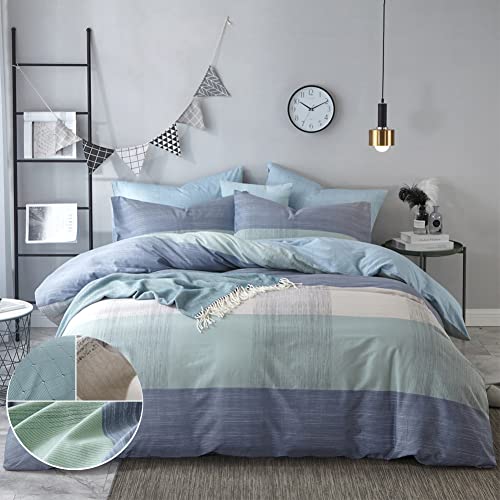 mixinni Geometric Duvet Cover Queen Soft Cotton Blue Patchwork Modern Bedding Set with Zipper Ties Mint Green Duvet Cover Set Perfect for Him and Her, Easy Care, Soft and Durable-Queen/Full Size