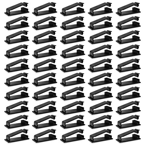 50pcs Black 3M Adhesive Cable Clips, Viaky Wire Management Clamps Cord Clips Holder for Home, Office, Cubicle, Car, Nightstand, Desktop PC TV Cable Organizer Runs