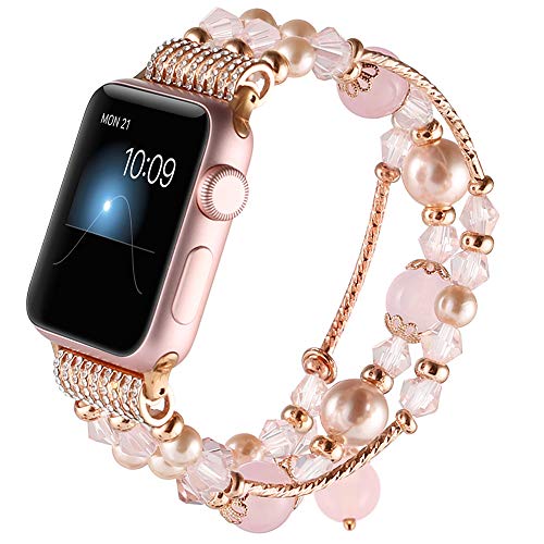 Book Cover GAISHI Compatible for Apple Watch Band 38mm 40mm, Women Girl Elastic Stretch Handmade Pearl Bracelet iWatch Band for 38mm Apple Watch Series 4 Series 3 Series 2 Series 1, Pink