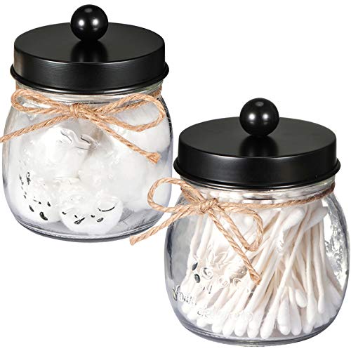 Book Cover SheeChung Apothecary Jars Set,Mason Jar Decor Bathroom Vanity Storage Organizer Canister,Premium Glass Qtip Holder Dispenser for Cotton Swabs,Ball-Stainless Steel Lid (Black, 2-Pack)-Patent Pending
