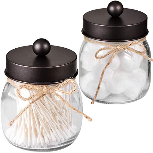 Book Cover Mason Jar Bathroom Apothecary Jars - Rustproof Stainless Steel Lid,Farmhouse Decor,Bathroom Vanity Storage Organizer Holder Glass for Cotton Swabs,Rounds,Ball,Flossers(Bronze, 2-Pack)-Patent Pending