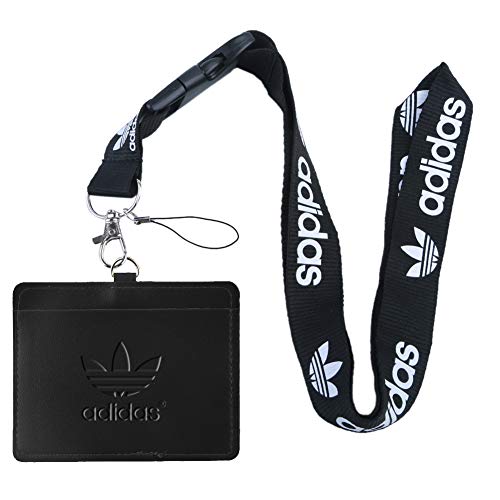Book Cover Adidas Black Faux Leather Business ID Badge Card Holder with Keychain Lanyard