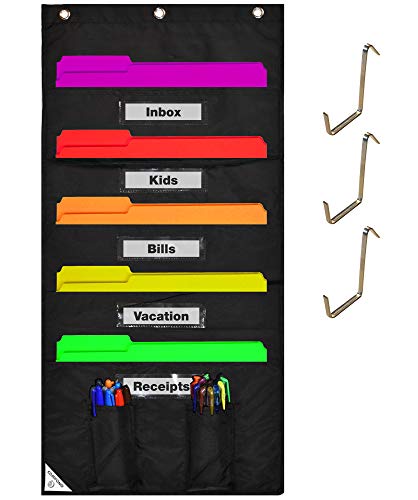 COMPONO Wall Storage Pocket Charts for Classroom (5 Pocket, Black w/Window) File Organizers - Best Hanging File Pocket Chart for School, Classroom, Home or Office Use. Wall Pocket Chart Organizer