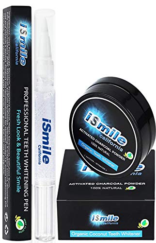 iSmile Teeth Whitening Pen & Charcoal Powder Kit - 35% Carbamide Peroxide Gel & Organic Coconut Charcoal - Professional Strength - No Sensitivity