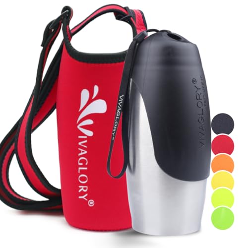 VIVAGLORY Dog Water Bottle & Bottle Holder with Strap Combo for Travel & Walking, Carrier with Adjustable Shoulder Strap, Portable & Stainless Steel for Pet Puppy, 25oz, Red