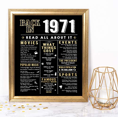 Katie Doodle 50th Birthday Party Decorations Supplies Anniversary Card Gifts for Men or Women Turning 50 Years Old - Includes 8x10 Back in 1971 Print [Unframed] Black and Gold