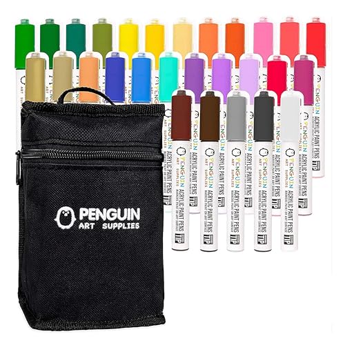PENGUIN ART SUPPLIES 28 Dual Tip Acrylic Markers - 5mm and 3mm Acrylic Paint Pens with Case - Family-Friendly Reversible Paint Pen for Mess-Free Painting on Wood, Glass, and Home Made Decorations