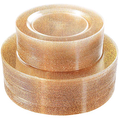 WDF 120PCS Gold Plastic Plates- Disposable Gold Glitter Plates, Premium Heavy Duty 60-10.25" Dinner Plates and 60-7.5" Salad Plates for Parties &Wedding