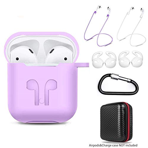 DZANHOT AirPodsCase 7 in 1 Airpods Accessories Kits Protective Silicone Cover and Skin for Apple Airpods Charging Case with Ear Hook Grips/Airpods Staps/Airpods Clips/Skin/Tips/Grips (Purple 7in1)