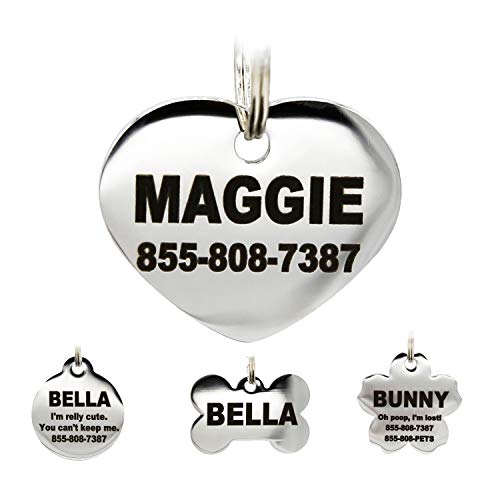 Stainless Steel Pet ID Tags - Engraved Personalized Dog Tags , Cat Tags Front & Back up to 8 Lines of Text â€“ Bone, Round, Heart, Flower, Badge, House, Star, Rectangle, Bow Tie