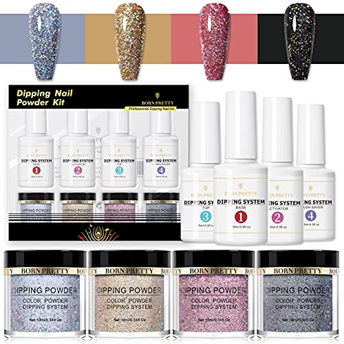 BORN PRETTY Dipping Nail Powder Set Holographic Dip Nail Powder with Liquid Kit 4 Colors Dipping Powder System Include Base Activator Brush Saver Natural Dry Without Lamp Cure Nail Art Manicure