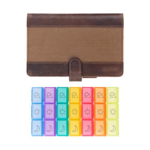 Weekly Pill Organizer - Never Forget to Take Your Medication Again - Travel Friendly 3 Times a Day AM PM Pill Box - Safe, Secure and Stylish - Unique Leather and Canvas Design with Generous Capacity