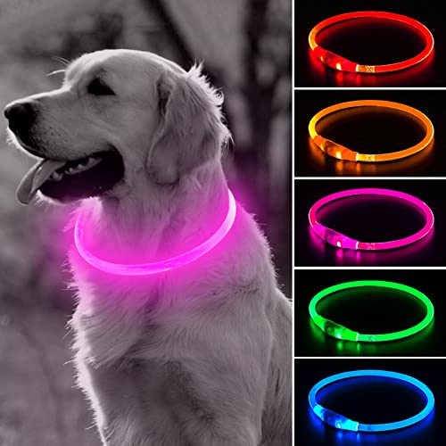 BSEEN Light Up Dog Collars - Rechargeable LED Dog Collar, Glowing Puppy Collar, TPU Cuttable Dog Walking Lights for Small Medium and Large Dogs (Pink-II)