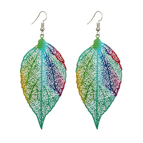 Afco Colorful Leaf Pendant Drop Hook Earrings Metal Hollow Statement Dangle Fashion Jewelry (Blue)